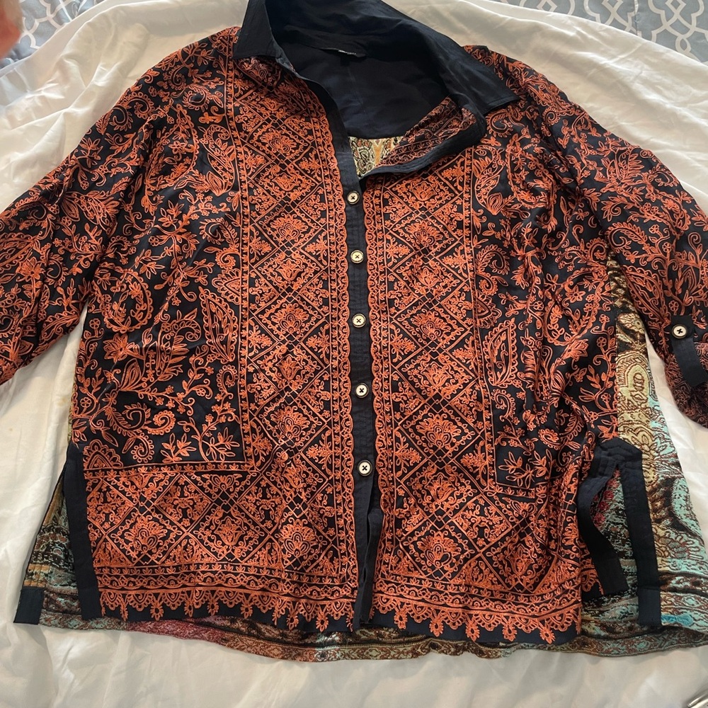 John Mark Black and Orange Patterned Top